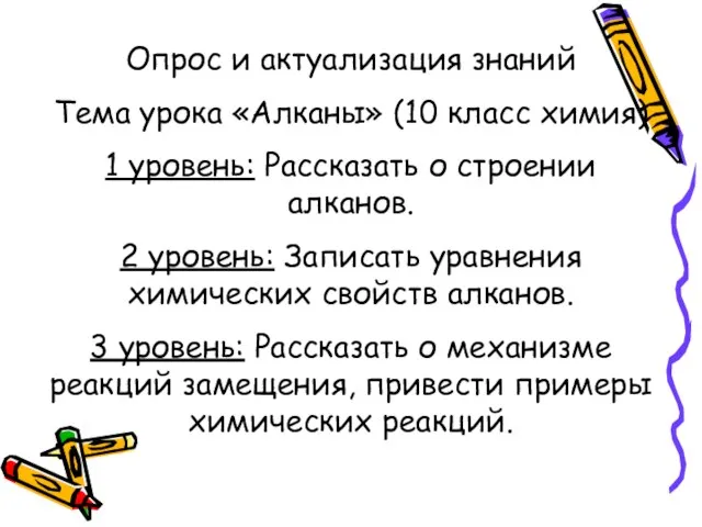 Опрос и актуализация знаний Тема урока «Алканы» (10 класс химия) 1 уровень: