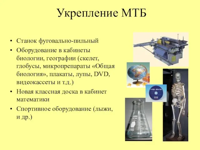 Укрепление МТБ Станок фуговально-пильный Оборудование в кабинеты биологии, географии (скелет, глобусы, микропрепараты