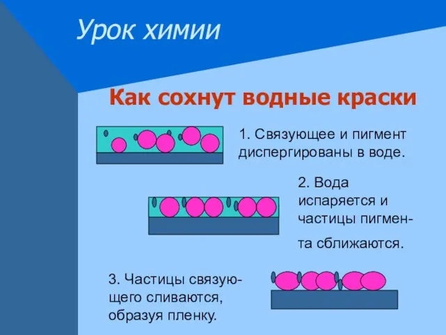 Урок химии Как сохнут водные краски 1. Связующее и пигмент диспергированы в