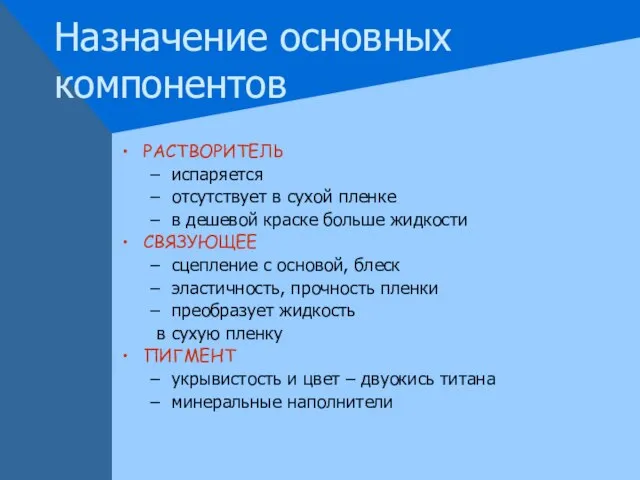 Назначение основных компонентов РАСТВОРИТЕЛЬ испаряется отсутствует в сухой пленке в дешевой краске