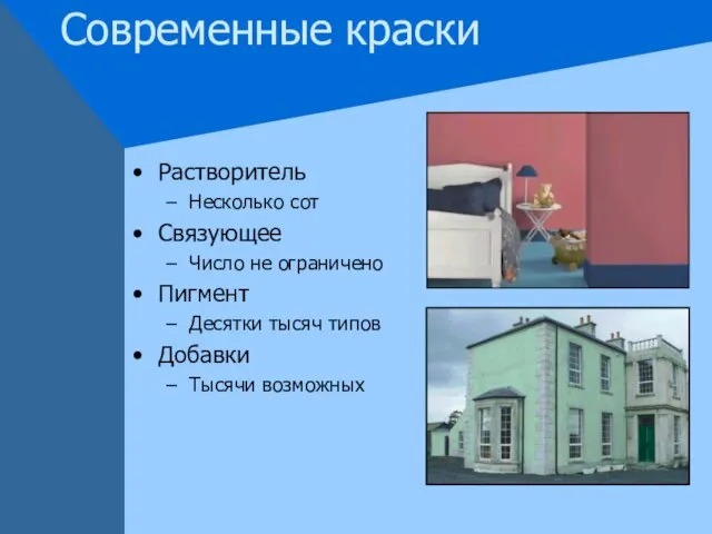 Современные краски Растворитель Несколько сот Связующее Число не ограничено Пигмент Десятки тысяч типов Добавки Тысячи возможных