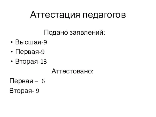 Аттестация педагогов Подано заявлений: Высшая-9 Первая-9 Вторая-13 Аттестовано: Первая – 6 Вторая- 9