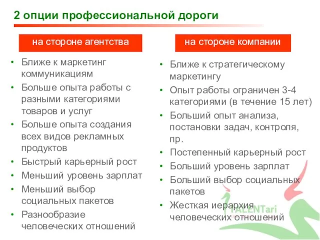 2 опции профессиональной дороги Ближе к маркетинг коммуникациям Больше опыта работы с