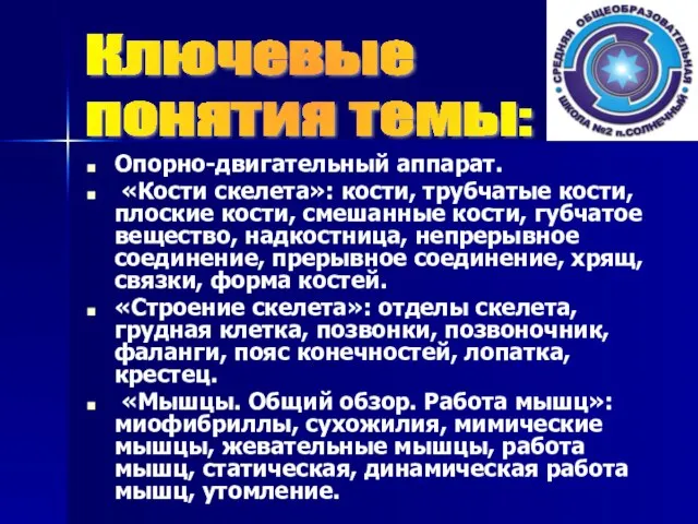 Опорно-двигательный аппарат. «Кости скелета»: кости, трубчатые кости, плоские кости, смешанные кости, губчатое