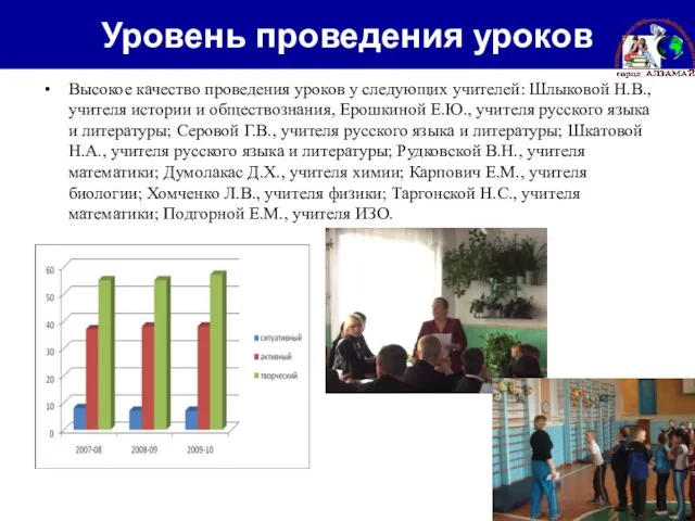 Уровень проведения уроков Высокое качество проведения уроков у следующих учителей: Шлыковой Н.В.,