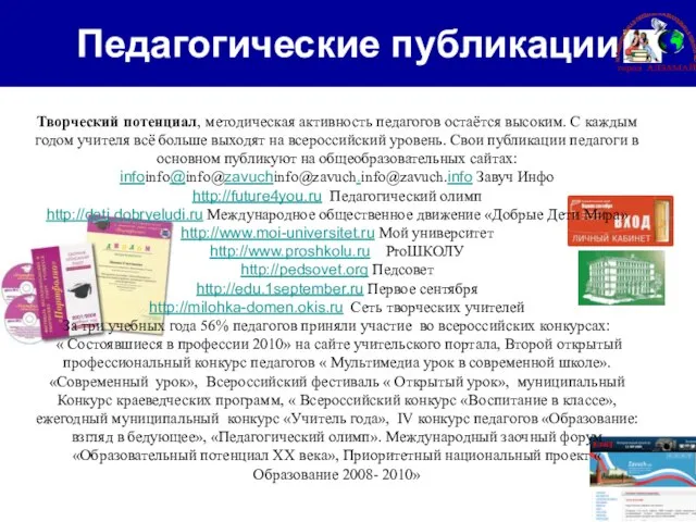 Педагогические публикации Творческий потенциал, методическая активность педагогов остаётся высоким. С каждым годом