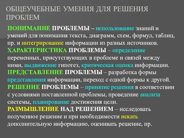 ОБЩЕУЧЕБНЫЕ УМЕНИЯ ДЛЯ РЕШЕНИЯ ПРОБЛЕМ ПОНИМАНИЕ ПРОБЛЕМЫ – использование знаний и умений