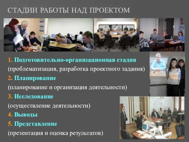 СТАДИИ РАБОТЫ НАД ПРОЕКТОМ 1. Подготовительно-организационная стадия (проблематизация, разработка проектного задания) 2.