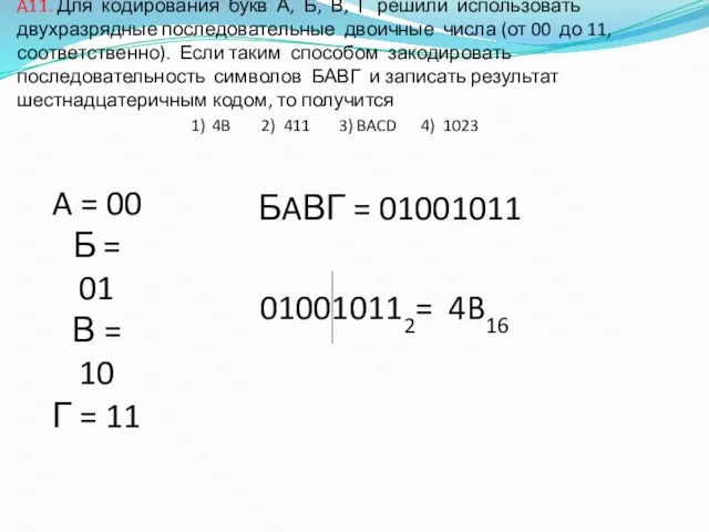 A11. Для кодирования букв А, Б, В, Г решили использовать двухразрядные последовательные