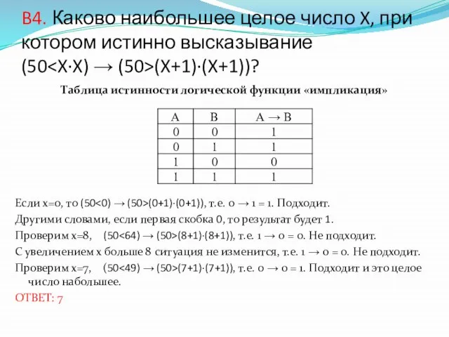 B4. Каково наибольшее целое число X, при котором истинно высказывание (50 (X+1)·(X+1))?