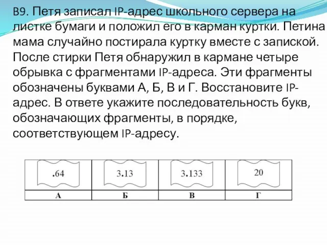 B9. Петя записал IP-адрес школьного сервера на листке бумаги и положил его