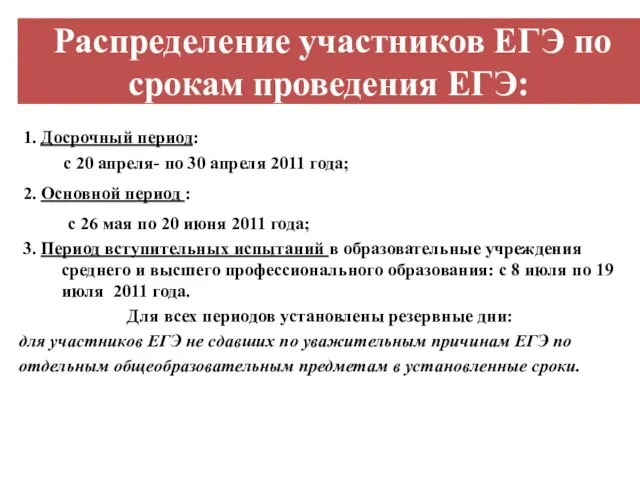 Распределение участников ЕГЭ по срокам проведения ЕГЭ: 1. Досрочный период: с 20