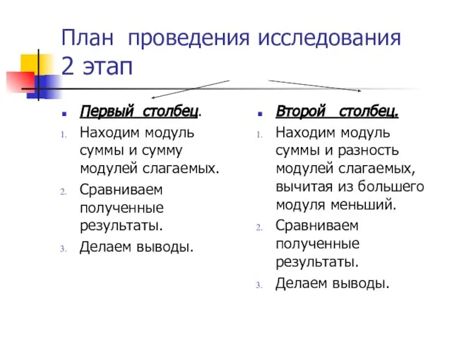 План проведения исследования 2 этап Первый столбец. Находим модуль суммы и сумму