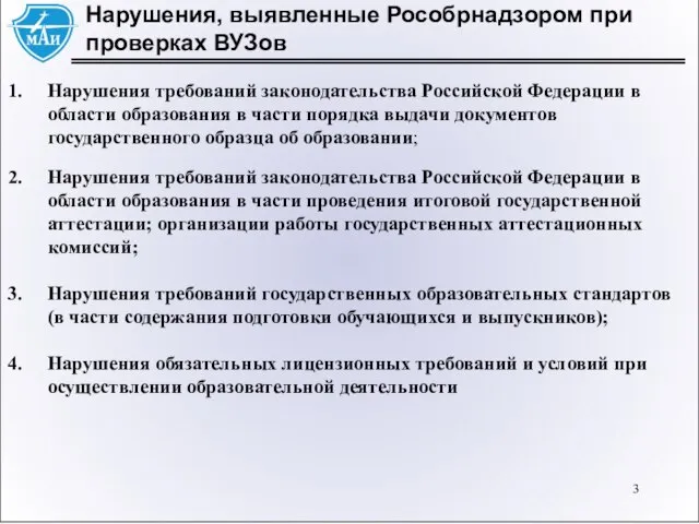 Нарушения, выявленные Рособрнадзором при проверках ВУЗов Нарушения требований законодательства Российской Федерации в