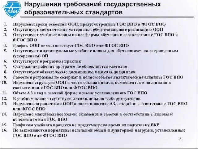 Нарушения требований государственных образовательных стандартов Нарушены сроки освоения ООП, предусмотренные ГОС ВПО