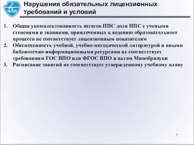 Нарушения обязательных лицензионных требований и условий Общая укомплектованность штатов ППС доля ППС