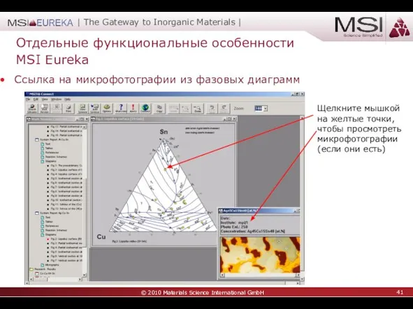 Отдельные функциональные особенности MSI Eureka Ссылка на микрофотографии из фазовых диаграмм Щелкните