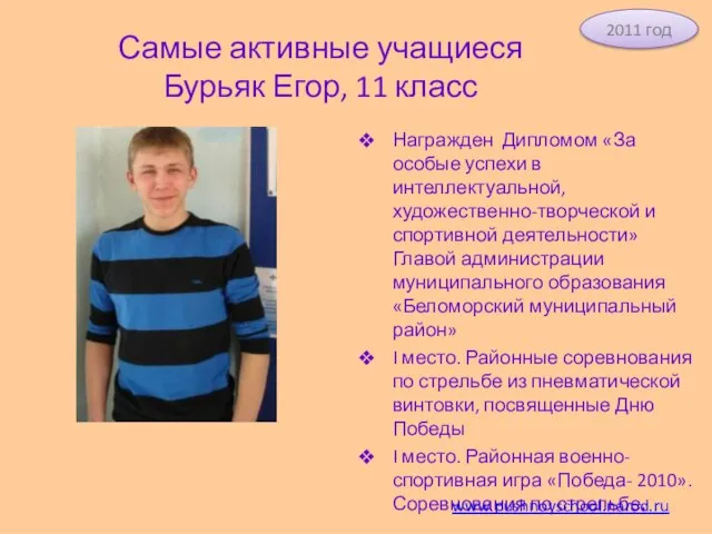 Самые активные учащиеся Бурьяк Егор, 11 класс Награжден Дипломом «За особые успехи