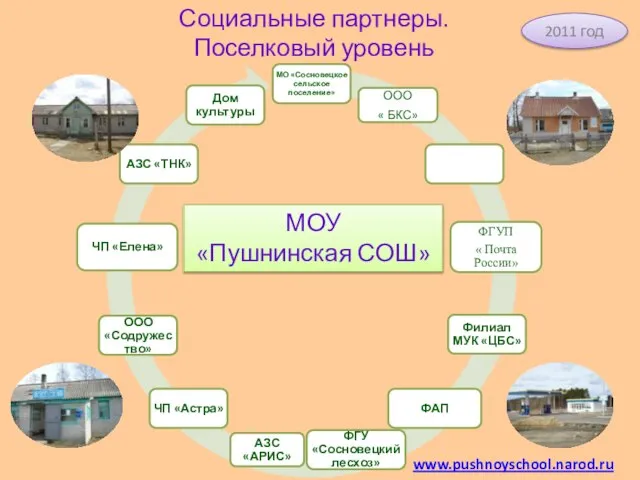 МОУ «Пушнинская СОШ» www.pushnoyschool.narod.ru 2011 год Социальные партнеры. Поселковый уровень