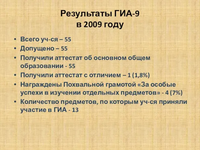 Результаты ГИА-9 в 2009 году Всего уч-ся – 55 Допущено – 55