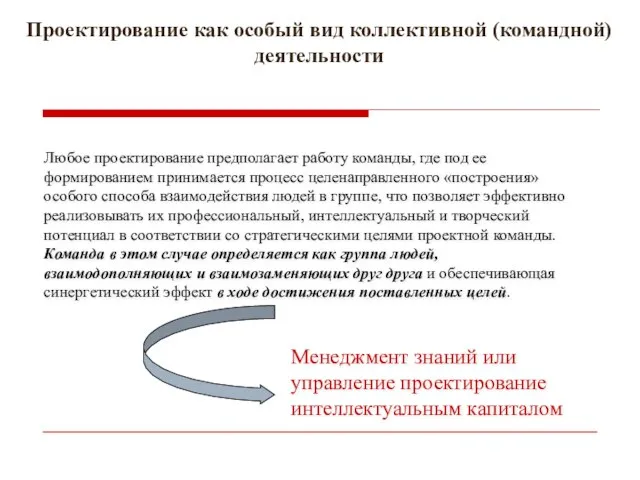 Проектирование как особый вид коллективной (командной) деятельности Любое проектирование предполагает работу команды,