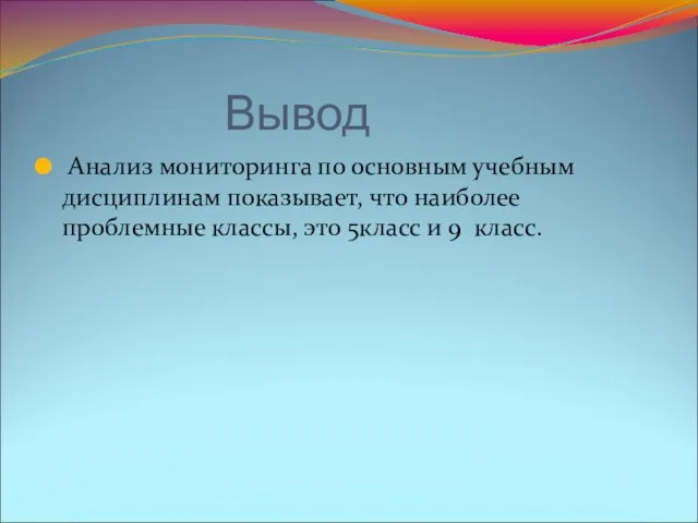 Вывод Анализ мониторинга по основным учебным дисциплинам показывает, что наиболее проблемные классы,