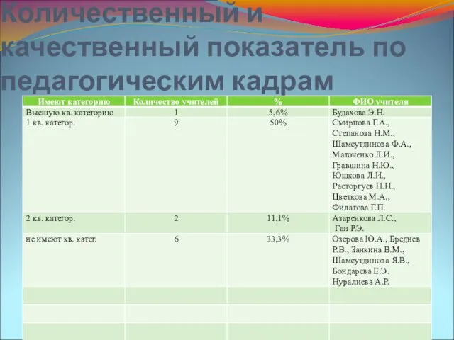 Количественный и качественный показатель по педагогическим кадрам