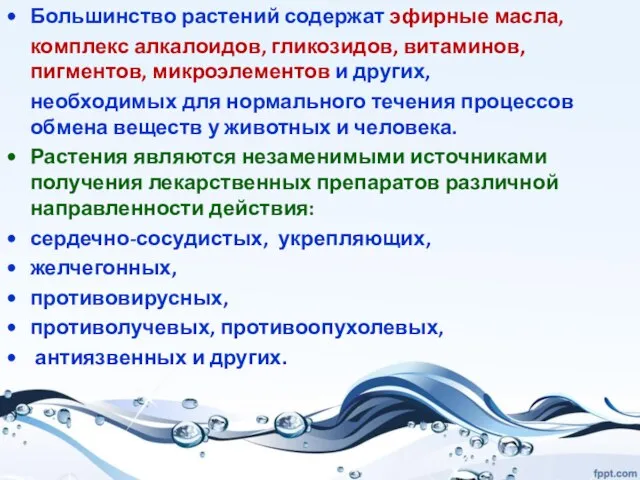 Большинство растений содержат эфирные масла, комплекс алкалоидов, гликозидов, витаминов, пигментов, микроэлементов и