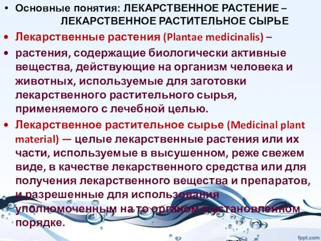 Основные понятия: ЛЕКАРСТВЕННОЕ РАСТЕНИЕ – ЛЕКАРСТВЕННОЕ РАСТИТЕЛЬНОЕ СЫРЬЕ Лекарственные растения (Plantae medicinalis)