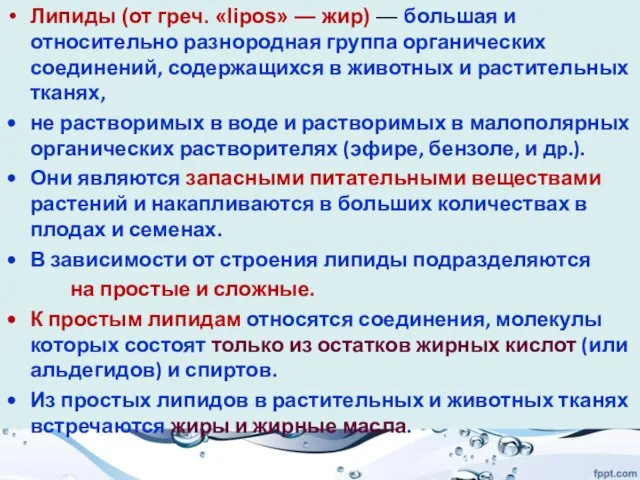 Липиды (от греч. «lipos» — жир) — большая и относительно разнородная группа