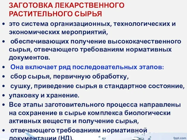 ЗАГОТОВКА ЛЕКАРСТВЕННОГО РАСТИТЕЛЬНОГО СЫРЬЯ это система организационных, технологических и экономических мероприятий, обеспечивающих