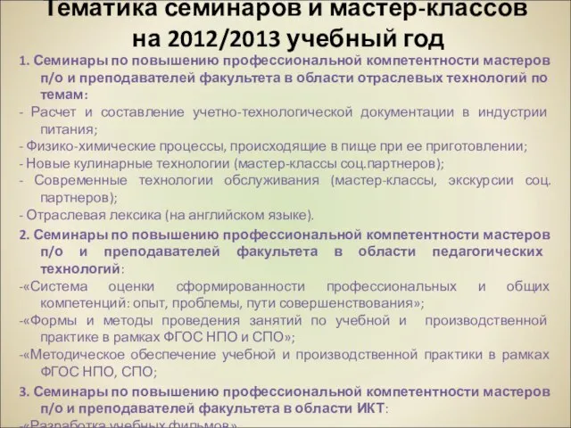 Тематика семинаров и мастер-классов на 2012/2013 учебный год 1. Семинары по повышению