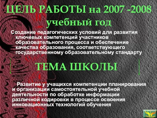 ЦЕЛЬ РАБОТЫ на 2007 -2008 учебный год Создание педагогических условий для развития