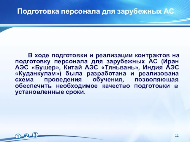 Подготовка персонала для зарубежных АС В ходе подготовки и реализации контрактов на