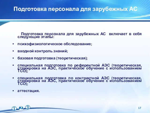 Подготовка персонала для зарубежных АС Подготовка персонала для зарубежных АС включает в