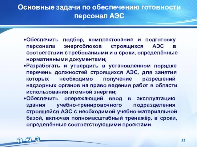 Обеспечить подбор, комплектование и подготовку персонала энергоблоков строящихся АЭС в соответствии с