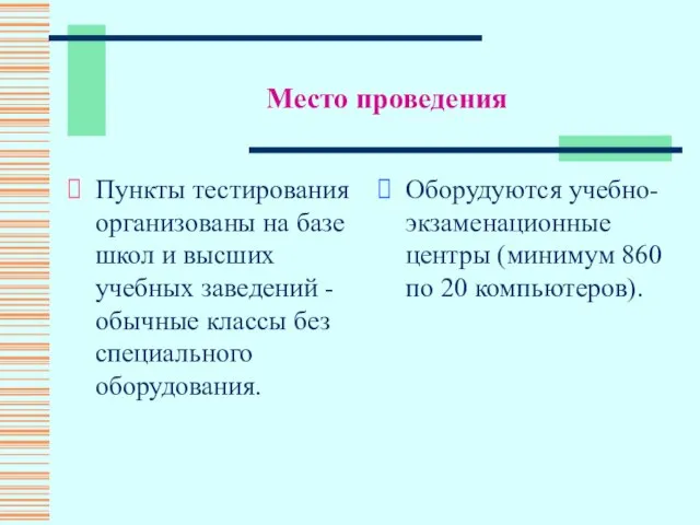 Место проведения Пункты тестирования организованы на базе школ и высших учебных заведений