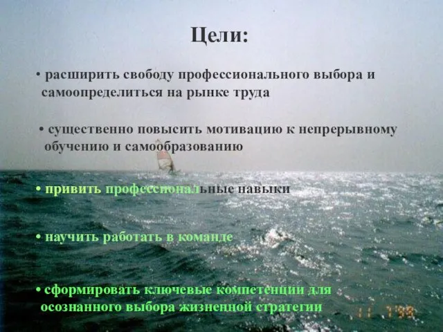 Цели: расширить свободу профессионального выбора и самоопределиться на рынке труда сформировать ключевые