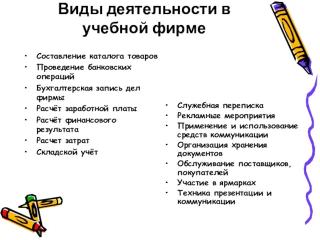 Виды деятельности в учебной фирме Составление каталога товаров Проведение банковских операций Бухгалтерская