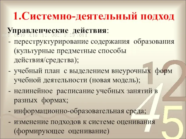 1.Системно-деятельный подход Управленческие действия: переструктурирование содержания образования (культурные предметные способы действия/средства); учебный