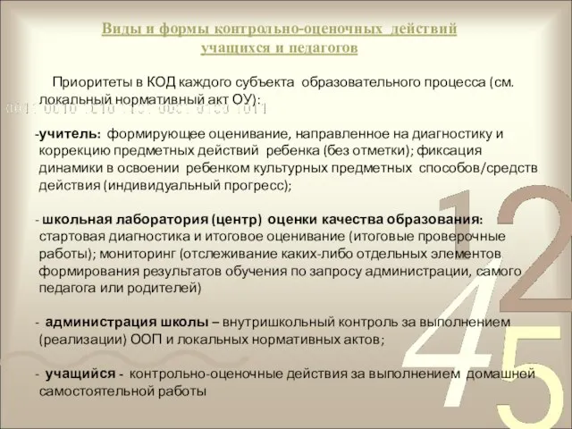 Виды и формы контрольно-оценочных действий учащихся и педагогов Приоритеты в КОД каждого