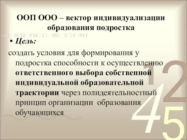 ООП ООО – вектор индивидуализации образования подростка Цель: создать условия для формирования