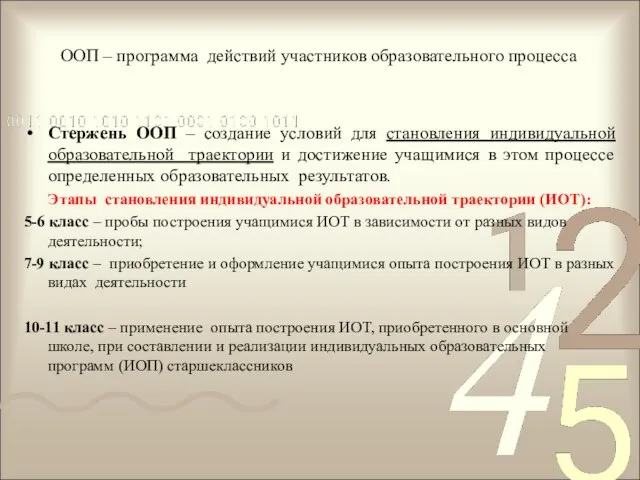 ООП – программа действий участников образовательного процесса Стержень ООП – создание условий