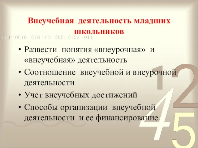 Внеучебная деятельность младших школьников Развести понятия «внеурочная» и «внеучебная» деятельность Соотношение внеучебной