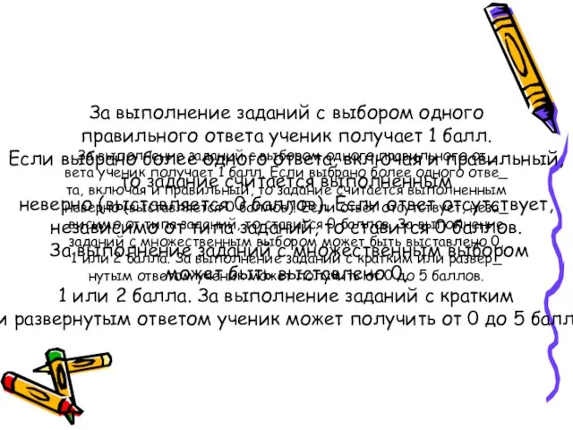 За выполнение заданий с выбором одного правильного от_ вета ученик получает 1