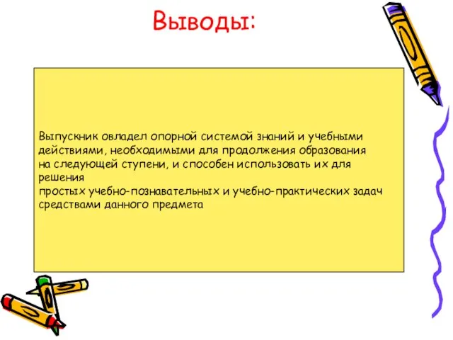 Выводы: Выпускник овладел опорной системой знаний и учебными действиями, необходимыми для продолжения