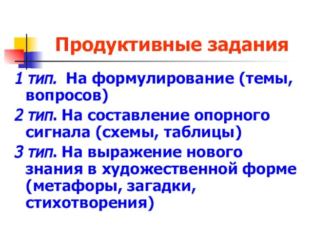 Продуктивные задания 1 тип. На формулирование (темы, вопросов) 2 тип. На составление