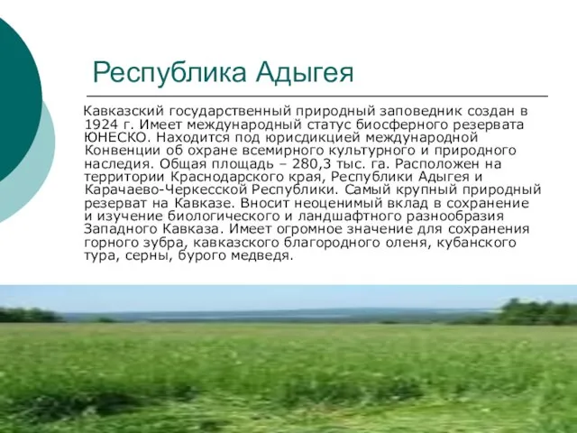 Республика Адыгея Кавказский государственный природный заповедник создан в 1924 г. Имеет международный