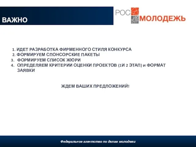 ВАЖНО Федеральное агентство по делам молодежи, 2009 1. ИДЕТ РАЗРАБОТКА ФИРМЕННОГО СТИЛЯ