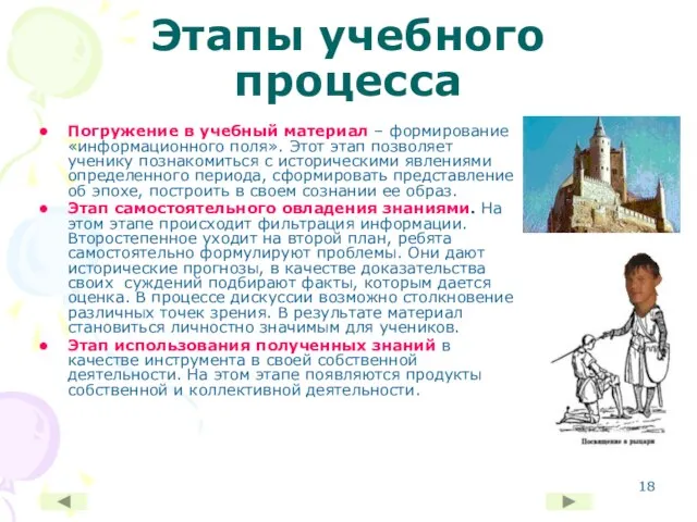 Этапы учебного процесса Погружение в учебный материал – формирование «информационного поля». Этот